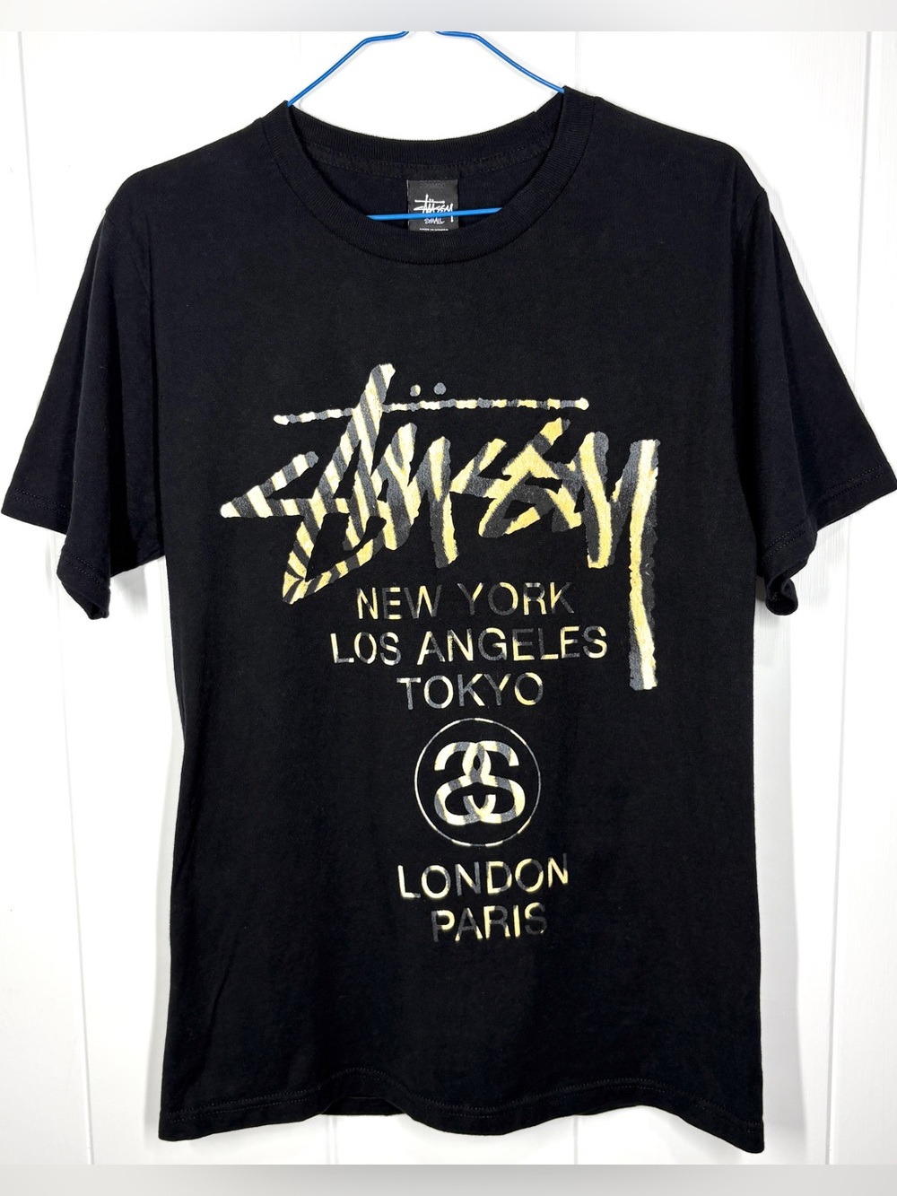 Stussy Men’s Black World Wide Wildlife Crew T-Shirt Size Small Black Yellow